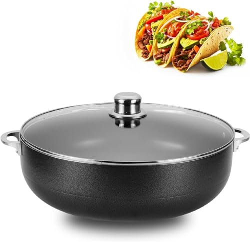 Alpine Cuisine Non-Stick Caldero 7 Quart with Glass Lid | Multi-Purpose Aluminum Dutch Oven for Braising - Boiling - Stewing | Nonstick Coating with Black Finish | Ideal for All Serving Sizes Pot