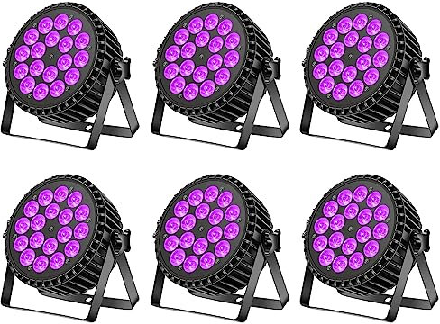 Ukfog 200W 18 LED Par UV+RGB Bühnenlicht Strahler, DMX512 Discolicht, 8CH Partylicht, Strobe/Sound/Aktiv Modus Beleuchtung DJ Lichteffekt für Show Bar Party Musikfestival Halloween(6er-pack)