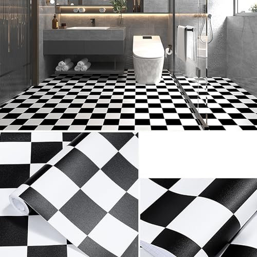 PVC Bodenbelag Selbstklebende, Selbstklebende Vinyl-Fliesen, 40CM X 5M 2m², für Eingangstür, Wohnzimmer, Küche, Balkon, Abstellraum (Schwarz und weiß zweifarbig)