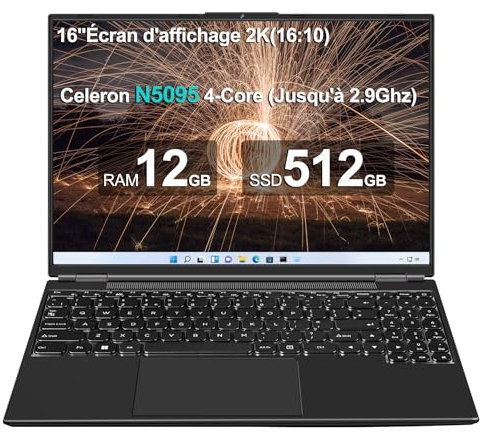 Ordinateur Portable Gaming 16 Pouces, Win 11 4 cœurs Celeron N5095 (jusqu'à 2,9 GHz) 12 + 512 Go Soutien Extension 1TB PC Portable, Laptop avec 1920x1200 Écran 2K 2.4+5G WiFi 2,5 HDD Mini HDMI-Noir
