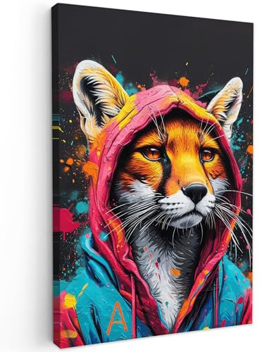 MuchoWow© Leinwandbild Klein 20x30 cm Mini Dekoration Wohnzimmer Bilder Aufhängen Wall Decoration Living Room Wohnungs Deko Moderne Graffiti - Fuchs - Pop-Art - Neon