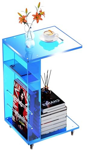 Beistelltisch aus transparentem Acryl auf feststellbaren Rollen, C-förmiger Beistelltisch für Sofa, kleine Couchtische für kleine Räume (blau)