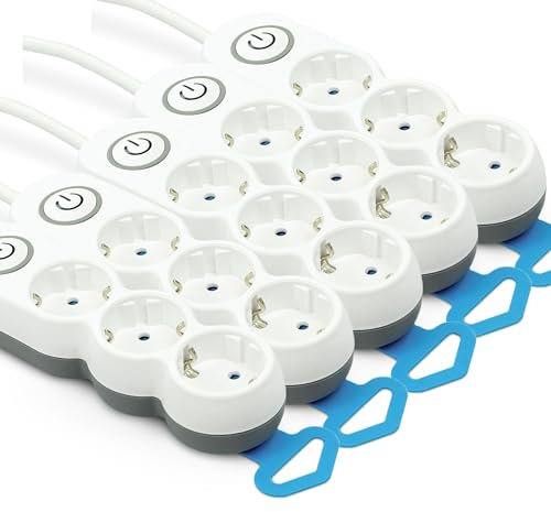 Garza Power - Pack de 5 regletas de 3 enchufes, con Interruptor, Enchufe Plano, Ladrón múltiple 1.4 Metros, Protección Infantil, Color Blanco, Gama Design