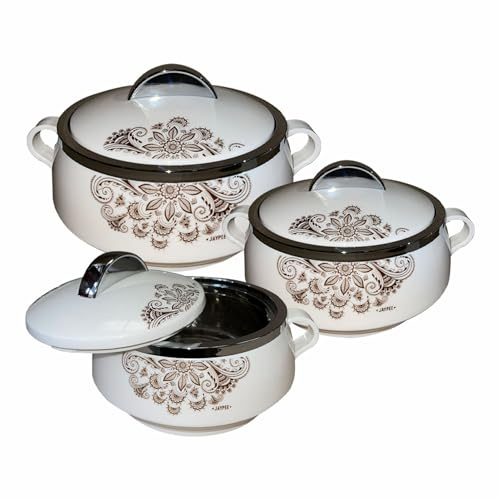 3-Piece Insulated Casserole Set with Lid – Double-Wall Hot Pot for Food Serving and Storage – Thermal, Stainless Steel Interior – Ideal for Kitchen, Lunch, and Dinner (White) (1000,1500,2000ML)