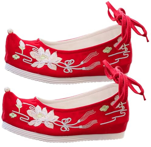 TINEASUR Chaussures Brodées pour Femme Talon Compensé Confortable en Toile Rouge Style Classique pour Printemps et Été