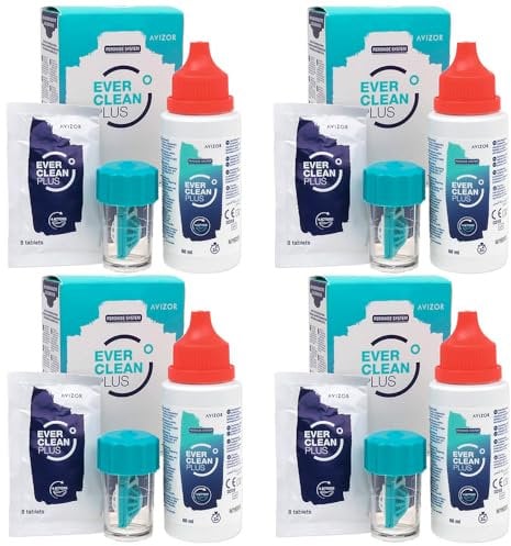 Avízor Ever Clean Plus - Travel Kit - Contact Lens Cleaning and Disinfection Solution - Deep Removal of Lipid Deposits - Ideal for Travel - 4x60ml + 32 Tablets