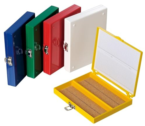 DrosoKing Microscope Slide Storage Box, 100-place, Cork Liner, 5 PCS | ABS Slide Holder, Assorted Colors, For Laboratory, Classroom, Scientific