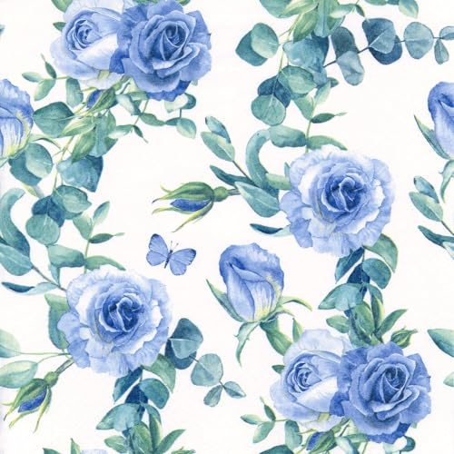 Servietten Papier 33x33cm 3-lagig 20 Stück - hochwertig & nachhaltig - Einweg Motivservietten Geburtstagservietten - Rosen Motiv Papierservietten für Party Alltag - Blau Weiß