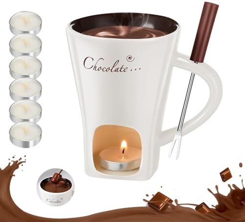 magimagi Schokofondue Tasse, Fondue Tasse Set, mit Gabel und 6 Teelicht, Keramik Schokoladenfondue Set, Geschenkset zum Valentinstag, Geburtstag, Hochzeit