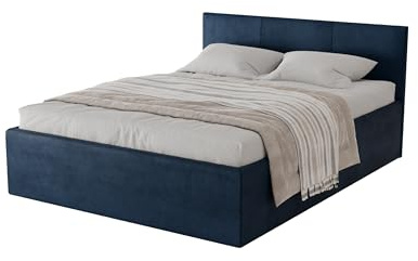 Meblofun Polsterbett DONA mit Kopfteil, 160x200 cm, Doppelbett mit Bettkasten und Lattenrost aus Holz, Velourstoff, Farbe: Blau