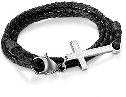 JewelryWe Bijoux Bracelet Homme - Tressé Manchette - Croix Prière - Cuir - Acier Inoxydable - Fantaisie - pour Homme et Femme - Couleur Noir
