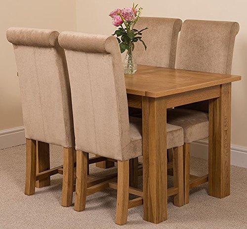 Oak Furniture King Solid Oak Extending Dining Table & Chairs Set 4 Seater Kitchen Dining Set – Hampton 120-160 cm Extendable Table & Washington Upholstered Beige Fabric Chairs