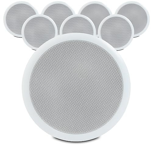 Power Dynamics CSPB5 5-Inch Ceiling Speaker System - Set of 8, 100V Line Flush-Mount Speakers for Office, Restaurant, Shop & Home Audio Installation, White Finish, Easy Fitting Clips