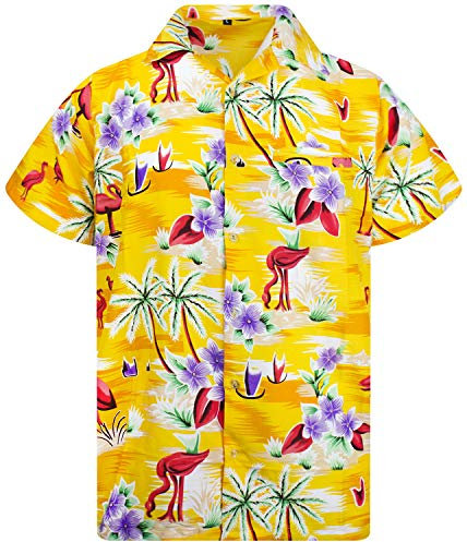King Kameha Funky Hawaii-Hemd, Herren, Kurzarm, Flamingos, Gelb, XXL