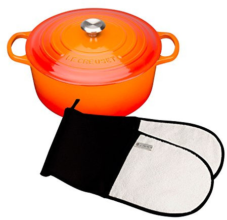 Le Creuset Signature Cast Iron Round Casserole, 22 cm, Volcanic and Textiles Double Oven Glove, Black