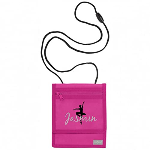 minimutz Brustbeutel zum Umhängen mit Namen | Motiv Ballerina Ballett-Tänzerin | Personalisierte Kinder-Geldbörse Portmonee für Mädchen | Geldbeutel mit Klettverschluss Schlüsselring (pink)