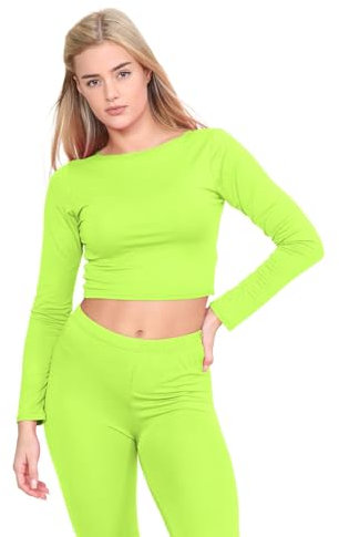 janisramone® Womens Crew Neck Crop Top, Long Sleeve Stretchy Summer Tops for Women UK, Plain Slim Fit Cropped Top, Ideal Casual Wear and Going Out Tops Neon Yellow
