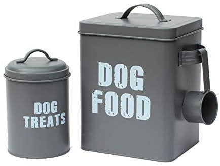 Retro Vintage Styled 3PC Metal Dog Food Storage Set: Dog Food Tin, Dog Treats Tin & Serving Scoop - Matt Gray Finish
