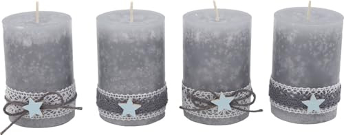4 Adventskerzen Kerzen Stumpenkerzen Grau Stern Blau Spitze Weihnachten Advent Deko Weihnachtsdeko