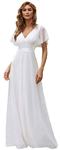 Ever-Pretty Robe de Mariage Col en V Manches Courtes A-Line Taille Empire Longue Tulle Femme Blanc 36