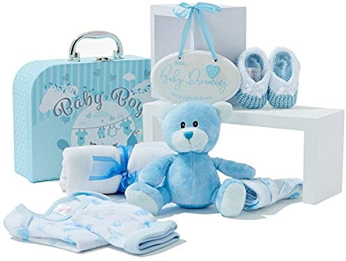 Baby Box Shop Babyparty Geschenkset - 9-teiliges Baby Gift Set, Willkommen Junge - Geschenkkorb für Neugeborene, Blau