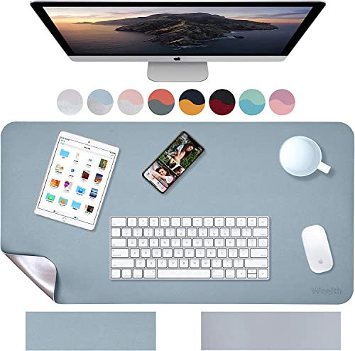 Weelth Schreibtischunterlage, Tischunterlage, multifunktionales Office-Mousepad, PU-Leder, doppelseitige Schreibtischunterlage für Büro oder Heimbereich (Hellblau/Silber, 80,1 x 39,9 cm)