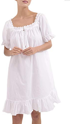 Womens Nightdress 100% Cotton Nightwear Sleepwear Victorian Vintage Nightgown Pajamas Sleep Shirt (White-short, S)