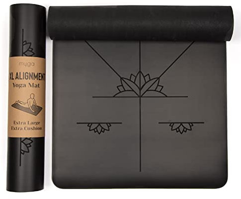 Myga Große Ausrichtungs-Yogamatte mit Körperausrichtungslinien, umweltfreundliche, rutschfeste Yogamatte, hochdichte PU-Polsterung (205cm x 70cm x 6mm) Schwarz