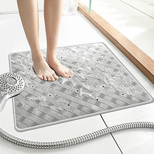DINGC Tapis Douche Antidérapant Carré avec Ventouse et Trous de Drainage, Antidérapant Caoutchouc Résistant à la Moisissure, Grand pour Salle de Bain 53x53cm (Gris)