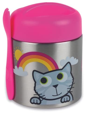 TUM TUM Bouteille alimentaire pour enfants avec cuillère-fourchette magnétique et couvercle facile à ouvrir, bocal isotherme de 300 ml, Bluebell The Cat