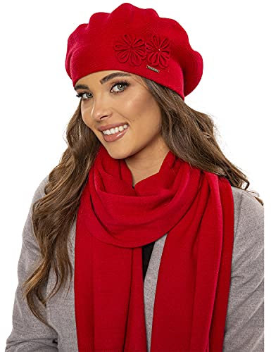VIVISENCE Damen Baskenmütze Eleganter Wintermütze Und Schal Set Warm Kopfbedeckung Und Halsbedeckung An Winter Und Herbst Warm Dick, Winterset Für Frauen, Hergestellt In EU, Rot