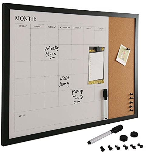 Bakaji Tableau magnétique blanc avec tableau mémo en liège combiné 60 x 40 cm Cadre en bois avec marqueur effaçable 2 aimants et 6 punaises design moderne tableau maison cuisine bureau