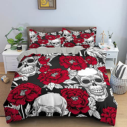 Bettwäsche 135x200 Halloween mit schwarzem Totenkopf Bettbezug mit Reißverschluss, Microfaser Modern Wendebettwäsche +2 Kissenbezug 80x80 cm, Für Kinder und Teenager