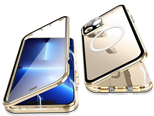 Jonwelsy Case for iPhone 13 Pro, 360 Degree Double-sided Protection Compatible with Magsafe Magnetic Adsorption Metal Bumper Front Tempered Glass Back Frosted PC Cover for iPhone 13 Pro 6.1 (Gold)