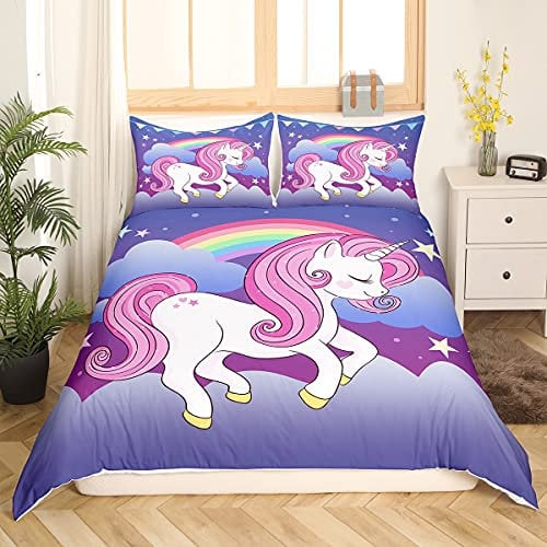 Sunnybed Kinder Regenbogen Einhorn Bettwäsche für Mädchen,Niedliche Cartoon Pferd Prinzessin Tröster Abdeckung Lila Blau Galaxie Bettbezug Zimmer Dekor Mädchen Schlafzimmer,Muster-22,155*220+80*80*1