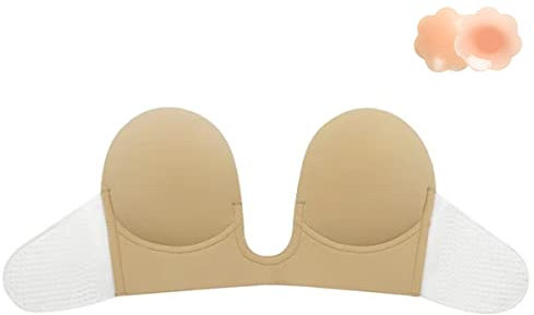Simoda Adhesive Strapless Bra Invisible Sticky Bra Push Up U Plunge Bra with Nipple Covers for Women V-Neck Backless Dress,Beige,E