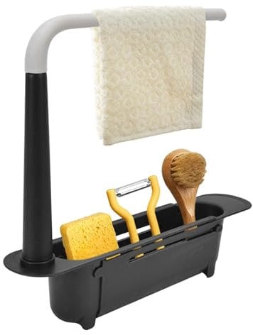 Cyrank Sink Caddy Organiser,Telescopic Sink Rack,Sink Drain Telescoping Rack,Upgraded Kitchen Sink Tidy Organiser,Adjustable Drainer Sink Tray Sponge Soap Holder with Towel Bar for Home Kitchen