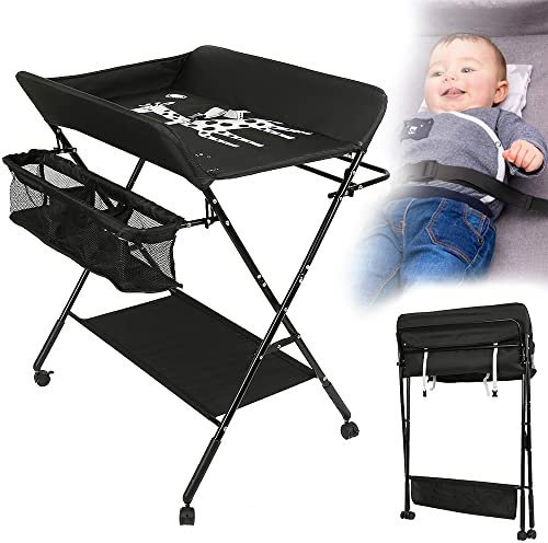 Table à langer pliante, table à langer avec panier de rangement, ceinture de sécurité et 4 roues avec frein, réglable en hauteur 74 x 63 x 92-98 cm (A/Noir)