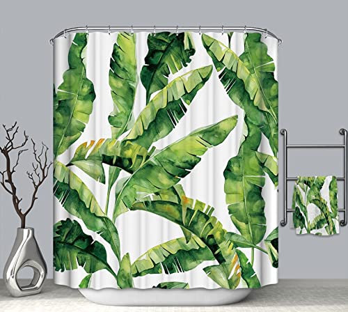 EHOMERY Rideau Douche Semi Transparent Rideau Baie Vitrée Coulissante sans Percage Feuilles Rideau De Douche Rigolo Rideau Occultant Salle De Bain Fenetre Polyester Vert 90X180Cm