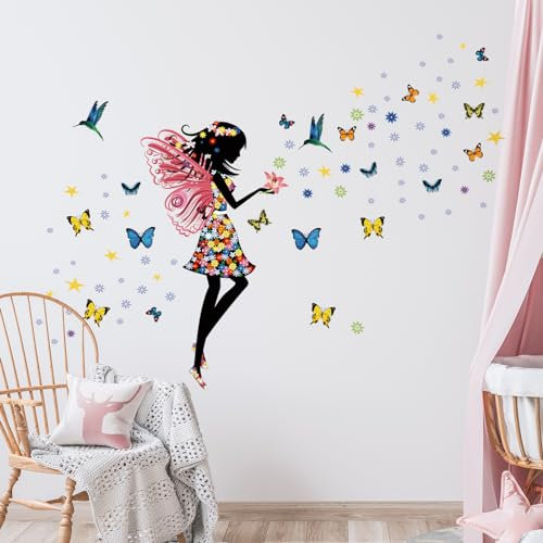Tanlaby Blumen Fee Wandtattoo Schmetterling Mädchen Wandsticker Blume Schmetterling Wandaufkleber für Mädchen Babyzimmer Wohnzimmer Schlafzimmer Kinderzimmer Hause Wanddekoration