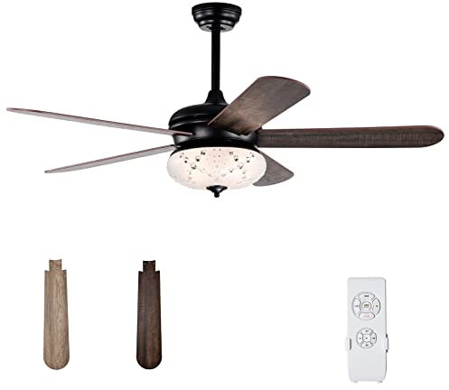 TANGZON 52’’ Ceiling Fan with Lamp and Remote Control, Silent AC Fans with 5 Reversible Blades, 3 Speeds, 4 Timing Settings & Crystal Lights, for Bedroom Living Room, 3 Bulbs Not Included (44/56cm)