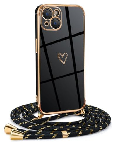 Mkej Coque pour iPhone 14 avec Cordon de Collier, Coque avec Cordon Motif Coeur d'amour TPU Housse, Collier RéglableTéléphone Portable Lanyard Case iPhone 14, Or Noir