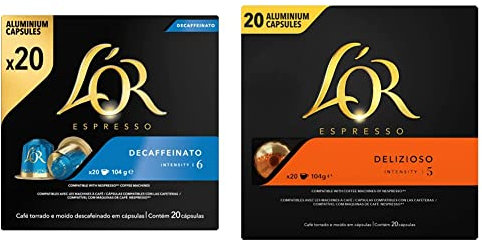 L'Or Espresso Café - 200 Capsules Decaffeinato Intensité 6 - compatibles Nespresso®* (lot de 10 x 20) & Café - 200 Capsules Delizioso Intensité 5 - compatibles Nespresso®* (lot de 10 x 20)