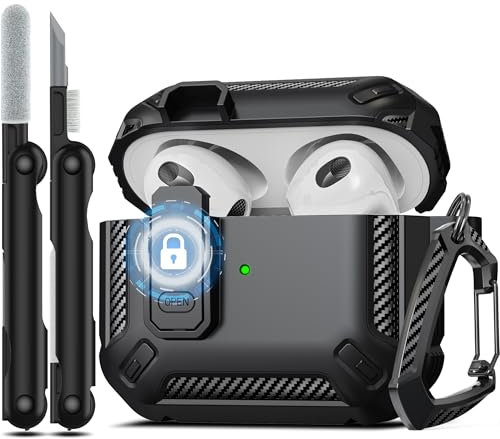 RFUNGUANGO Kompatibel mit AirPods 3 hülle Schutzhülle mit Reinigungsset, militärische Hartschalen-Schutzhülle mit Schloss Kompatibel mit AirPod Gen 3 Ladehülle 2021,Schwarz