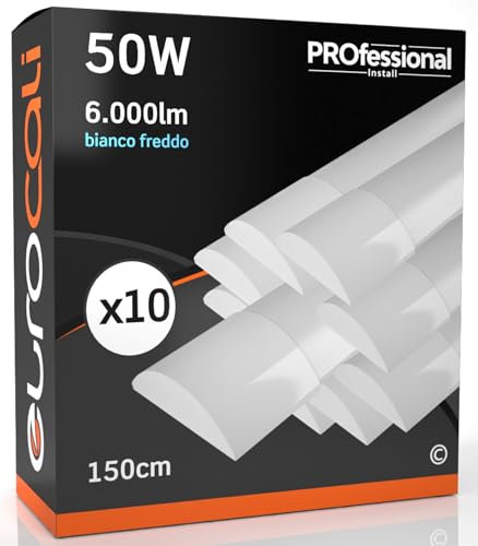 Eurocali Plafoniera LED soffitto 150cm 50W Lineare 6000 lumen - Luce Bianco Freddo 6500K - Pacco da 10 plafoniere