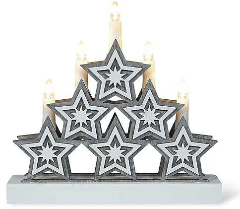 St Helens Home & Garden Xmas Haus Natural Festive Wood LED Light Up Christmas 5 Candle Bridge Arch Decoration with Stars Battery Operated