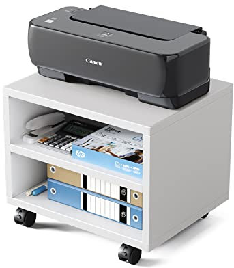 HANYEE Druckerständer mit Stauraum – Holzuntertisch-Druckerständer mit Rädern, 39 x 30 x 35 cm, 2 Etagen, kleiner, weißer Roll-Druckerwagen für Zuhause, Büro, Scanner, Fax, Computer, Scanner, Dateien