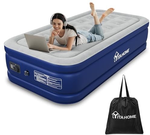 YITAHOME Materasso Gonfiabile Singolo con Pompa Elettrica Integrata, Letto Gonfiabile, Tecnologia I-Beam Strutturata, Gonfiaggio/Rigidimento Rapido per Ospiti, 191 x 99 x 46 cm, Grigio & Blu