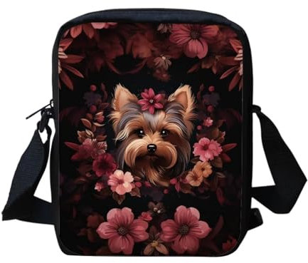 Howilath Kleine Kuriertasche mit lustigem Tierdruck, Outdoor-Reisetasche, Umhängetasche, Handytasche, Yorkshire Terrier Blumenmuster