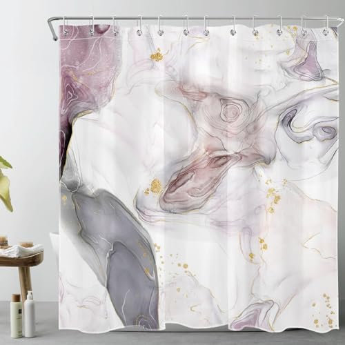 LB Abstrakter Marmor Duschvorhang 240x175cm(BxH) Lila, Grau und Weiß Geometrisch Antischimmel Wasserdicht Badezimmer Vorhänge, Gold gestreift Extra Breit Polyester Stoff Bad Vorhang mit Haken